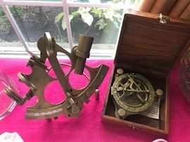 Vintage Solid Brass Sextant~Sundial /Compass w/ Wood Box