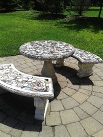 Amazing vintage tile mosaic concrete table and benches