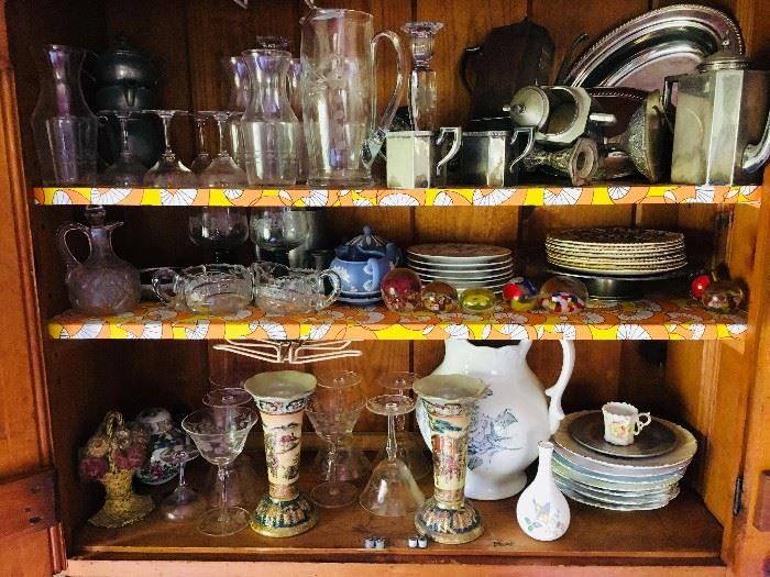 Assorted antique glassware, plates, etc.