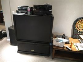 Karaoke setup includes big screen TV, video CD player, large assortment of songs, mixer, mics, b 52 subwoofer and speakers w stands. Great setup!!!