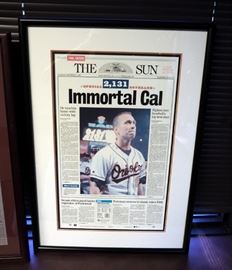 Framed Newspaper Sports Articles On George Brett's Final Home Game, 28" x 18" And The Immortal Cal Ripken, 29" x 20.5"