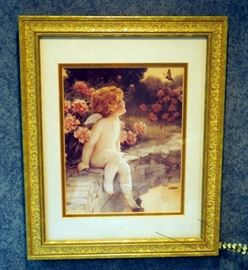 Framed Cherub Prints, 16" x 13", Qty 2, Metal Kleenex Box And Floral Decoration
