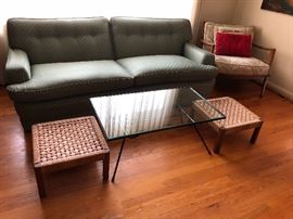 A George Nelson for Arbuck coffee table and 2 Danish teak & rush footstools.