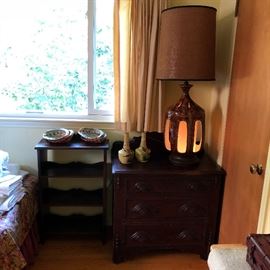 MCM pottery lamp and smaller dresser and bookcase