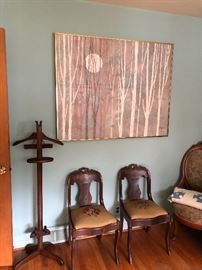 Vintage suit valet, antique chairs and a large Mid Century Lee Reynolds  painting.