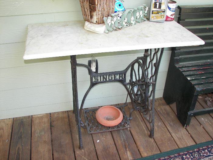 antique sewing table base with marble top