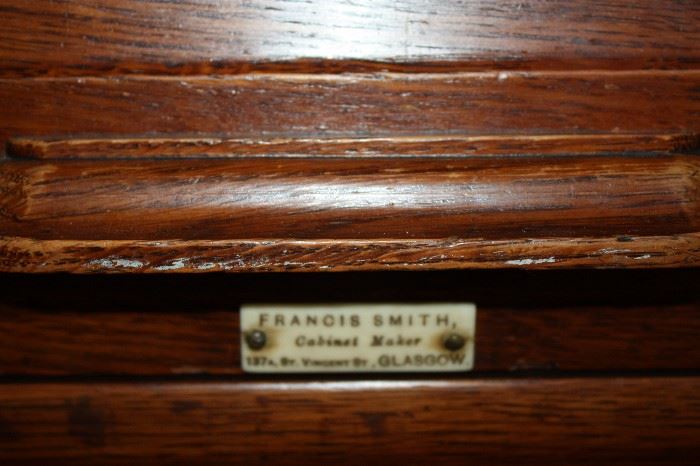 Roll top desk plate Circa 1800's made in glasgow Scotland by Francis Smith. Please do your homework  and research pieces by this cabinet maker. This is truly a piece of highly collectible history.