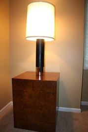Mid century " Milo Baughman" burl walnut cube. Very collectible, check these out on 1stdibs. This is a rare find and becoming very collectible.  Also great mid century Blk leather and chrome lamp.