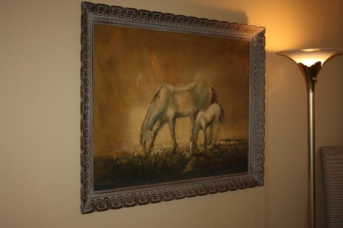 Original oil on canvas horse's grazing. Signed by artist and well framed.
