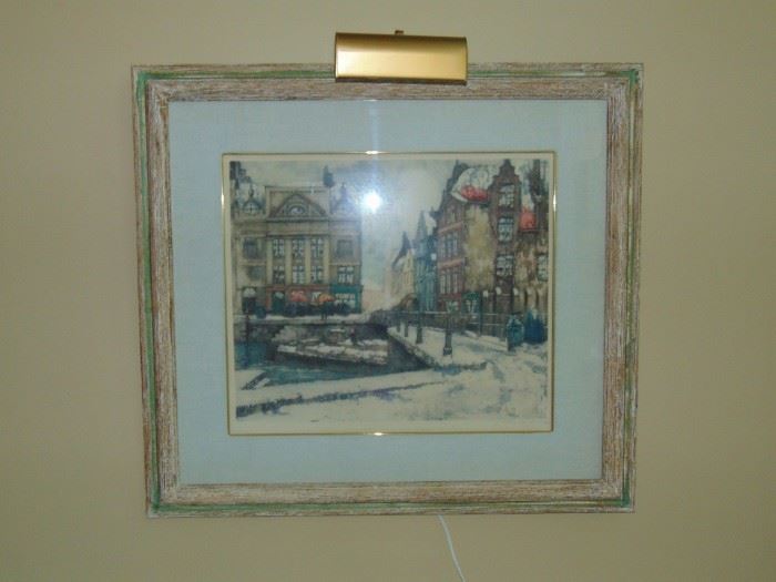 Signed etching by: Julian Van Santen Circa 1900.   Title is "Winter in Bruges" Located in Belgium. Comes in a beautiful frame with attached Brass lamp.