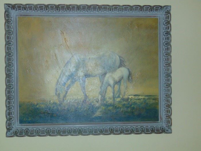 Antique original oil painting of mother and her fold grazing. Signed by artist.