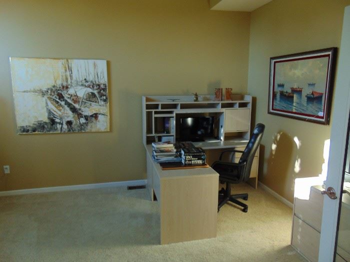Original oil painting and L shaped desk & desk chair.
