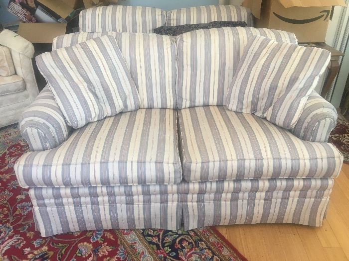 There are 2 of these identical custom made love seats with down filled cushions and pillows. Excellent condition.