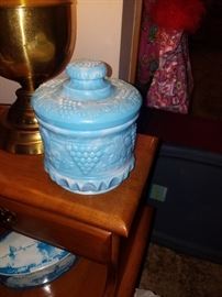 Unique blue/white milk glass jar
