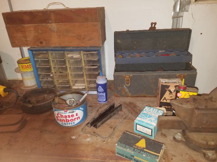 Different boxes and small work shop items