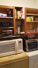 Microwave, toaster oven, roasting pans, oil lamps