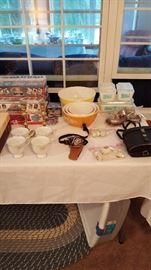 Pyrex bowl set, Butterprint casserole set, vintage toys, baseball cards in original packaging