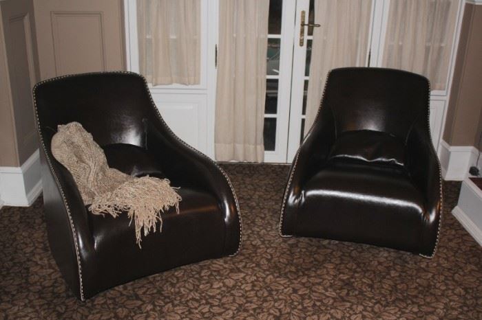 Pair of Nail Head Club Chairs and Throw