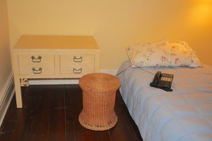 Bed, Wicker Round and Small 4 Drawer Table