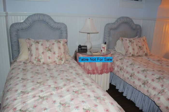 Pair of Blue Wicker Headboards, Linens and Lamp 