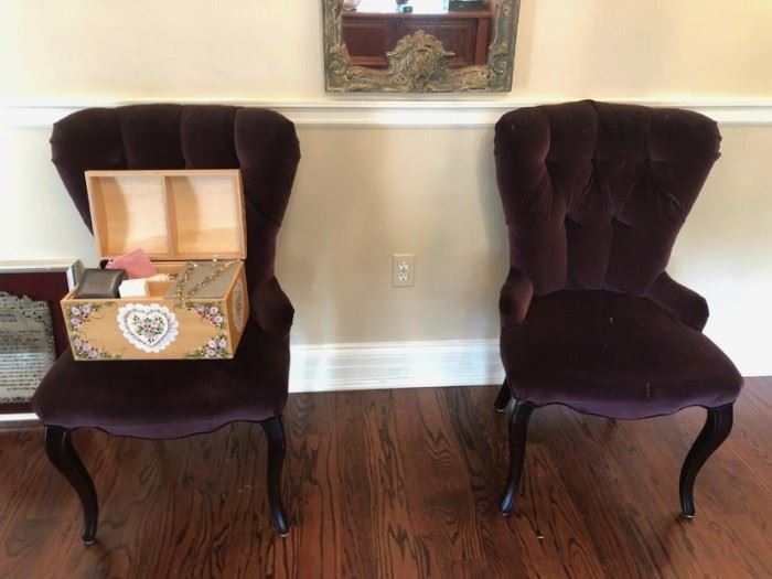 Pair of Pretty Plum Colored Upholstered Chairs with Decorative Chest