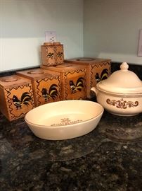 Vintage wooden canister set with roosters