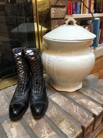 Victorian leather high top shoes and Victorian 'necessaire" -a very nice one!
