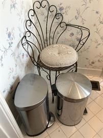 Vintage vanity stool, stainless trash cans