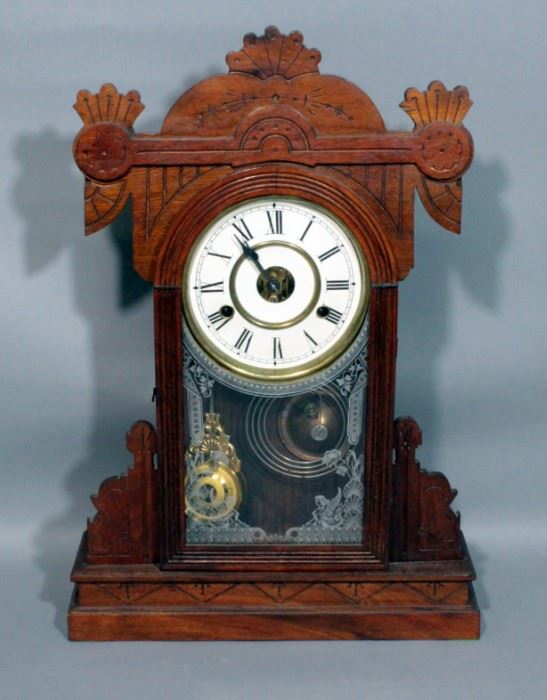Antique Eastlake Style Mantle Clock with Arched Top, Decorative Carvings and Ornate Pendulum, Includes Key, 13.5"W x 19.5"H