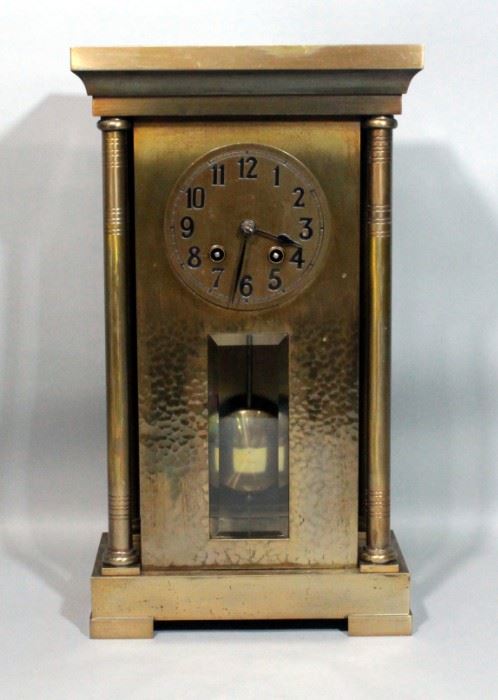 Art Nouveau Art Deco Brass Mantle Clock, Hand Hammered Brass Front, Beveled Glass Window, Pfeilkreuz Junghans Movement, Includes Key, 9"W x 16"H