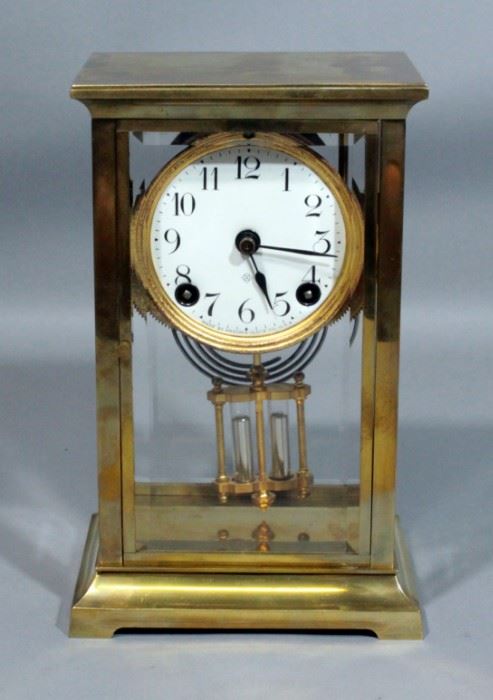 American Ansonia Dorval Brass Clock with Crystal Regulator and Beveled Glass, Includes Key, 5.25"W x 8.75"H