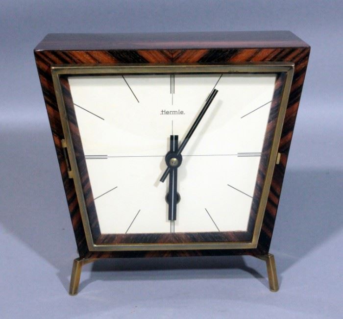 Hermle German Mid Century Eames Era Mantle Clock, Wood and Brass, Includes Key, 7.5"W x 7.1"H