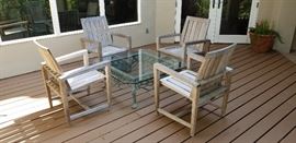 Kingsley Bate. Genuine teak chairs @ $125 each. Center glass and iron Mexican table @ $125.