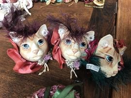 Katherine's Collection. Large feline head Christmas ornaments. Retired. $20 each.