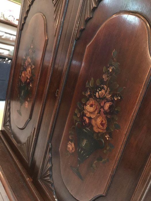 (2 of 4 pics) Amfurnoco secretary. Hand-painted flowers on sides and front. Mahogany wood. $550