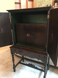 (3 of 4 pics) Amfurnoco secretary. Hand-painted flowers on sides and front. Mahogany wood. $550