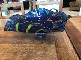 15" wavy glass plate to hang on wall. Blue and yellow/green. $70