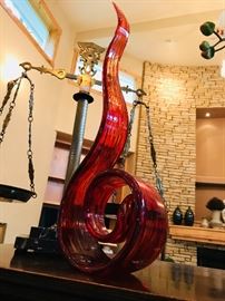 Swirl of glass. 22.5" tall. Red and threaded gold. $50