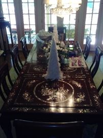 Chippendale Style dining table and chairs. Hnad-crafted in Japan with Rosewood and hand-inlaid Mother of Pearl in a nature motif.