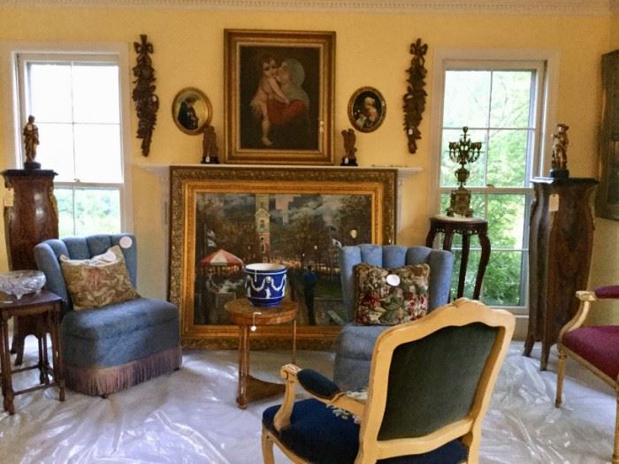 Gorgeous Signed Oil on Canvas, Antique Wedgwood Planter, Aubusson French pillows, Aubusson needlepoint chair, Baker side table, Antique Inlaid Marble Top Pedestals with Bronze mountings, upholstered fringe chairs, Antique Borghese Terracotta sculptures, Signed oval convex antique portraits on wood, 19th century bronze mermaid candelabra, Baker side table, Rosewood carved stand with marble top, cut crystal bowl