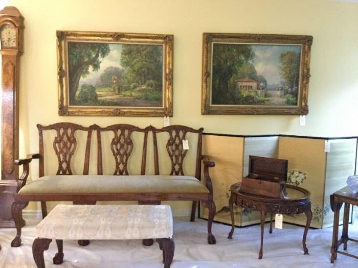 Antique Chippendale three seater settee in Mahogany, Oil on Canvas paintings by George F. Schultz, Antique traveling liquor box, Antique mahogany table with glass top,  Antique Japanese silk screen, handmade grandmother clock, Antique Mahogany Bench