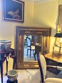 Huge Gold Gilt Mirror, Oil on Canvas, Rosewood carved stand, Satsuma
