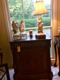 French Jean Gille vion Baury Statues, French Ormolu cut glass caskets, Marble smoking set, Victorian Figural Lamp, Limoges box, Antique Louis XIV Burlwood and Marble Ormolu Cabinet