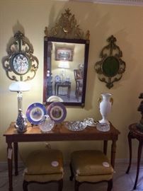 David Cabinet Co. Sofa table, Antique Stools, Cabinet plates, figurines, cut crystal, Vista Allegre vase, Antique parlor lamp, Pair of Bisque Wall plaques (as is)