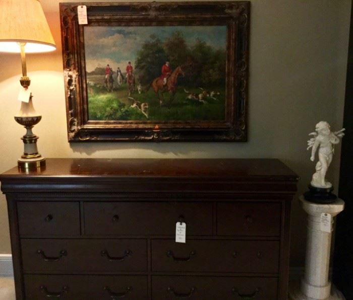 Dresser/ Buffet, Stiffel lamp with original Stiffel lampshade, Equine artist Sam Jusics oil on canvas