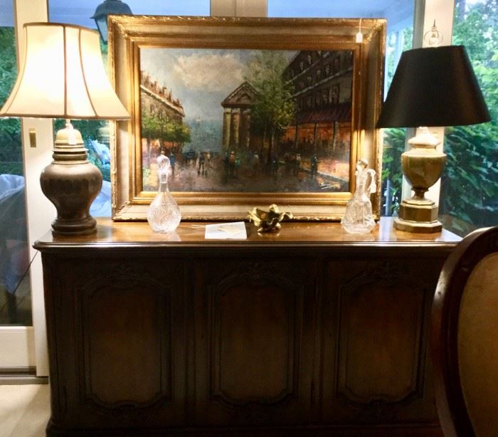 BAKER Limited Edition Buffet Sideboard, solid brass antique lamps, oil on canvas, cut crystal decanters, brass shell dish