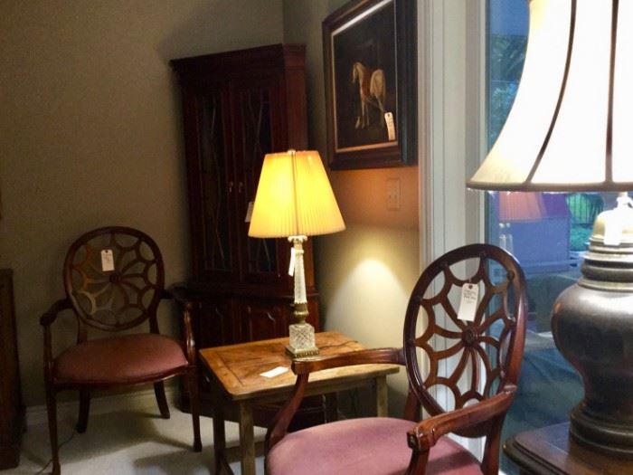 Mahogany Spider back chairs, oak side table, antique lamps, oil on canvas, corner curio cabinet