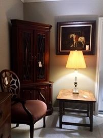 corner curio cabinet, Mahogany spider back chairs, antique lamps, oak table, oil on canvas by k. Rafael