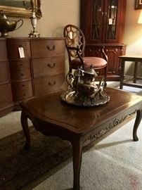 BAKER coffee table, silver tea set, corner curio, antique buffet