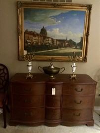 French Dore Candelabras, Oil on Canvas, Antique Serpentine Dresser / Buffet, Antique brass covered urn